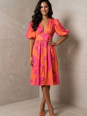 NWT | SMALL | Vibrant Puff Sleeve Abstract Print Midi Dress - Orange / Hot Pink